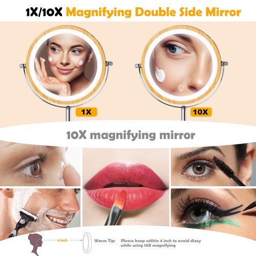 SLIMOON 8" Lighted Makeup Mirror with Bamboo Stand, 1X/10X Double Sided Magnifying Vanity Mirror with Lights, 3 Colors Dimmable Lightning, Gifts for Women Mom Teen Girls