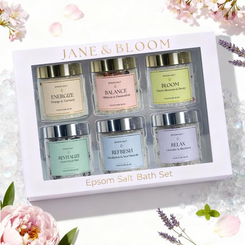 Epsom Salt Bath Gift Set – 6 Aromatherapy Blends with Essential Oils – Bath & Body Gift Set for Women, Stress Relief, Self Care, Birthday Gifts – Jane & Bloom