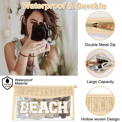 Iqimott 2Pcs Clear Patch Makeup Letter Bag, Boho Letter Bag for Beach Swim, Waterproof Zipper Make up Bags Toiletry Pouch for Women Girls, Clear Letters Patch Cosmetic Bags for Travel(Beach)