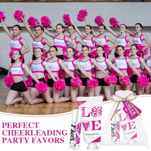 Heigble 144 Pcs Cheerleading Lip Balms Hand Cream Sets Pink Cheerleading Party Supplies Including 36 Lip Balm and Moisturizing Hand Cream 36 Organza Bags Cards and Ropes for Team Thank You Gifts