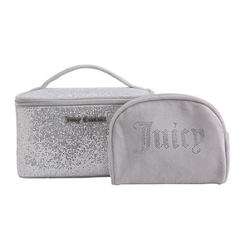Juicy Couture Silver Makeup Bag Cosmetics Organizer Travel Essentials Train Case Coin Purse Glitter Rhinestone Velour