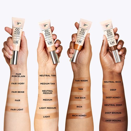 IT Cosmetics CC+ Nude Glow (Light Medium) - Medium Coverage Foundation with SPF 40 & Brightening Glow Serum, Lightweight Skin Tint, 2% Niacinamide + Hyaluronic Acid, Up to 24H Hydration - 1.08 fl oz