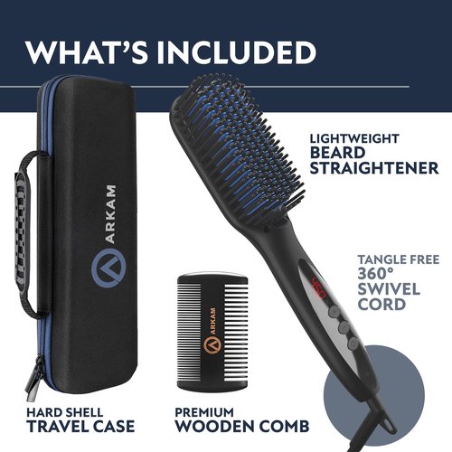 Arkam Beard Straightener for Men -Premium Heated Beard Brush Kit w/Anti-Scald Feature, Dual Action Hair Comb and Hard Shell Travel Case for Medium to Long Beards - Costume and Grooming Gifts for Men