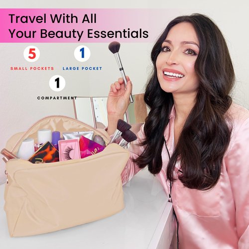 DANCOUR Makeup Bag with Compartments, Large Makeup Organizer, Travel Cosmetic Bag, Makeup Case, Cosmetic Bag for Women, Travel Pouch, Beige Makeup Bag with Dividers