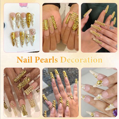 Gold Half Pearls for Crafts, Flatback Half Round Gold Pearl for Nails, 6 Sizes ABS Golden Pearl Beads Gems for Nails Art DIY Crafts Embellishment Shoes Clothes Bags DIY Making