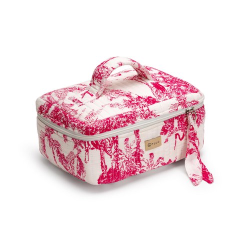 TULO Fabrics Blockprint Makeup Bag - Large Waterproof Cosmetic Organizer | Boho Toiletry Pouch for Women | Indian Craft (Red Crane)