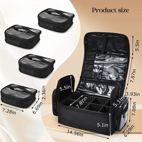 Adazzo Professional Makeup Bag with Brush Holder, Large Makeup Case with with Shoulder Strap & 4 Clear Set Bags, Travel Cosmetic Storage Organizer Box with 2 Side Pockets & Dividers for Makeup Artists