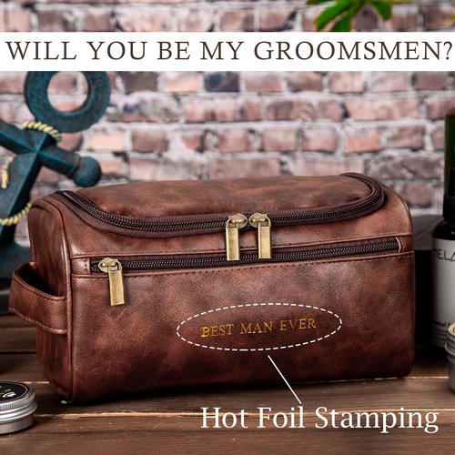 Flycalf Mens Toiletry Travel Bag Customized Mens Leather Toiletries Grooming Bag for Men Shaving Bag Hanging Water Resistant Organizer (Brown)