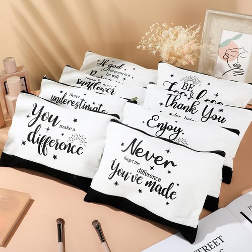 Kajaia 24 Pieces Inspirational Canvas Cosmetic Bags Makeup Bags with Zippers Appreciation Motivational Toiletry Purse Pouches Positive Travel Makeup Pouches for Girl Women Friends, 8 Designs (Elegant)