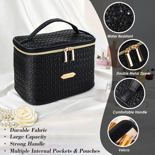 CaCTOUR Make Up Bags for Women,Portable Cosmetic Organizer Bag,Large Makeup Organizer Bag Travel with Brush Storage (Black)