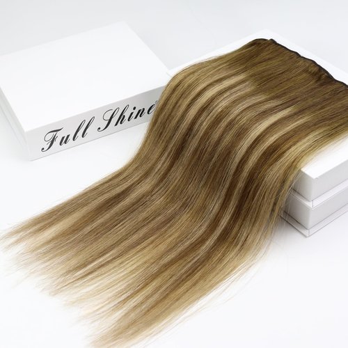 Full Shine Clip in Hair Extensions Human Hair 16Inch Lace Clip in Human Hair Ombre Brown Fading to Blonde Highlight Double Weft Straight Hair Extensions for Women 60Grams 3Pcs