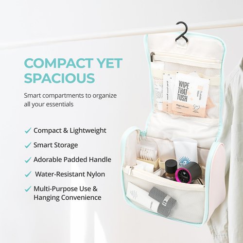 Sylune Tuck Hanging Toiletry Bag - Water-Resistant Travel Makeup Organizer with Spacious Compartments & Padded Handle for Women (Blush Petal & Mint) (Tuck Hanging Toiletry Bag)