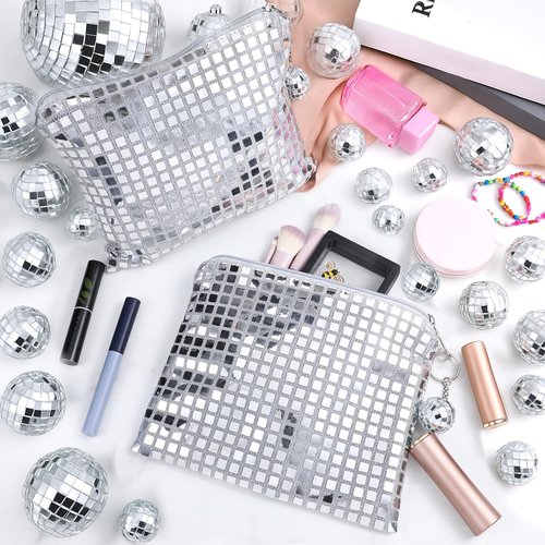 16 Pack Disco Makeup Bags with Zipper Disco Party Favors Silver Glitter Sequin Mirror Cosmetic Bags for Bachelorette Bridal Shower Wedding 70s 80s 90s Disco Ball Party Favors