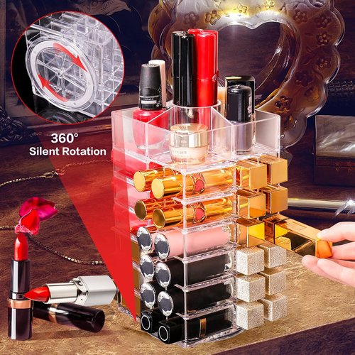 FODIENS Acrylic Lipstick Tower Holder, 360 Degree Rotating Makeup Cosmetic Lipsticks Organizer with 53 Slots, Spinning Lipgloss Storage Display Stand Holder