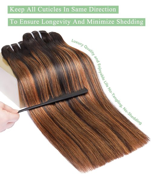mlip Raw Bundles Human Hair Straight, No Tangle Shedding, Keep Texture Silky Soft After Multiple Washes, 15A Raw Indian Hair Bundles 10 Inches, Brown Highlight Bundles