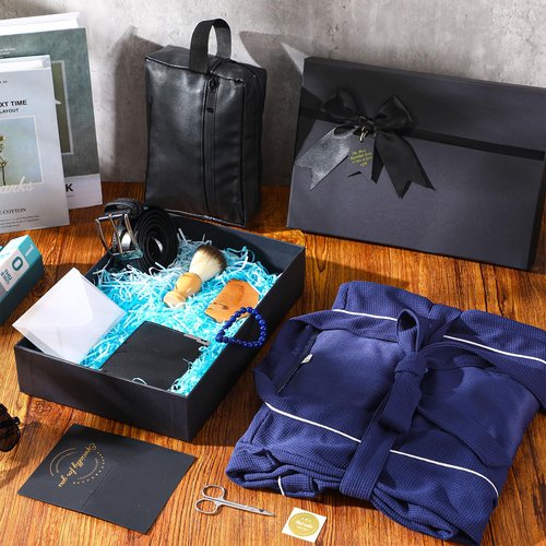 Shyyween 10 Pcs Birthday Gifts Baskets for Men Get Well Soon Gifts Beard Care Set for Him with Bathrobe, Wallet, Makeup Bag, Belt, Bracelet, Beard Comb & Brush Set for Dad Boyfriend Husband(Blue)
