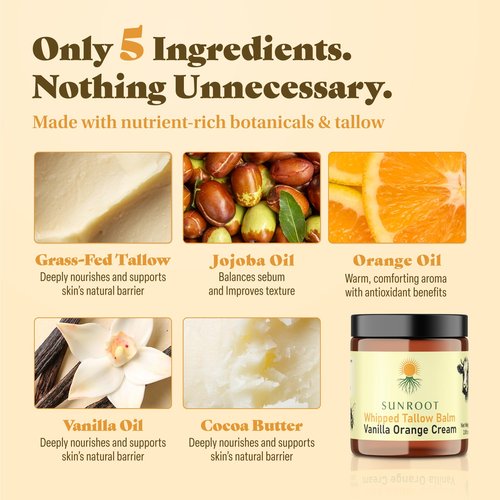 Sunroot Naturals Whipped Tallow Balm, Vanilla Orange Cream Moisturizer, Natural Ingredients, Glass Jar, 2.85 oz, Face and Body Care