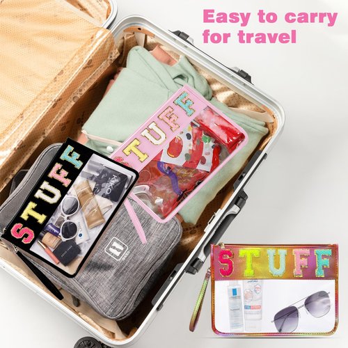 Cawvox Clear Stuff Bag for Travel,Chenille Letter Sewn On Zipper Pouch, PVC&PU Leather Cosmetic Bags,Sunscreen Bag, Toiletry Bag, Water-proof Makeup Bag For Women and Friend, Gym,Beach (Colorful)