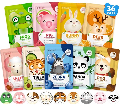 KONEUK 36 Pack Cute Animal Kids Face Mask, Sheet Collagen Moisturizing Face Mask for Girls Teens, Stocking Stuffers for Wome, Bulk Spa Party Gifts and Birthday Gifts