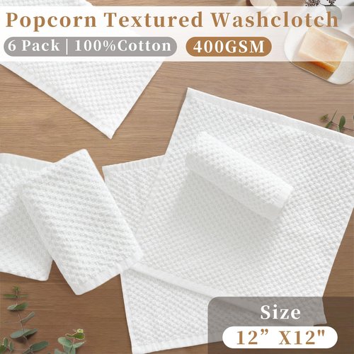 VOOVA & MOVAS Off-White Washcloths (6PC, 12"x12") - 100% Cotton | Thick | Quick Dry | Absorbent, Towels for Face, Fluffy Wash Cloths for Bathroom, Popcorn Weave Washcloths, Off-White