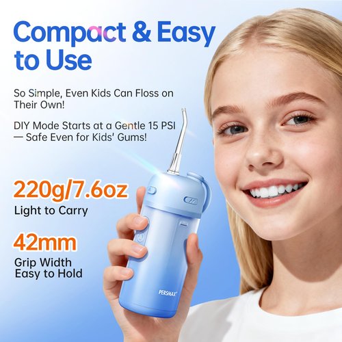 PERSMAX Water Flosser for Orthodontics Teeth Cleaning - Portable Electric Oral Irrigator Pick for Braces, Travel, Kids, with 3 Modes 8 Pressure Settings, 8 Tips, 150ML, IPX7, Gradient Blue