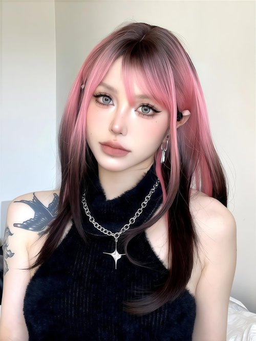 Aadesso Pink Highlight Black Hair 65cm medium-length Straight wigs for Daily Wear Heat Resistant Synthetic Matte wig with Realistic Simulation Scalp Middle Part with wig cap