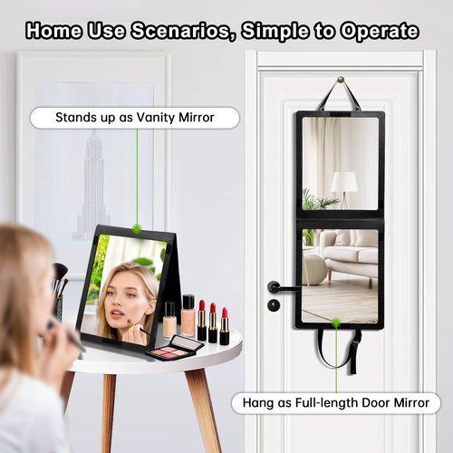 Adzyz Foldable Camping Travel Mirror, 33“ x 13” Hanging Shatterproof Full Length Mirror for Camping, RV Travel, Dorm Room, Portable Dance Practice Mirrors - Black