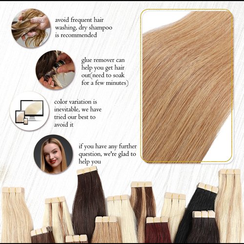 Benehair Tape in Hair Extensions Human Hair Blonde 20pcs 50g/pack Straight Hair Extensions Seamless Skin Weft Tape in Natural Hair for Women (#27 Dark Blonde, 16")