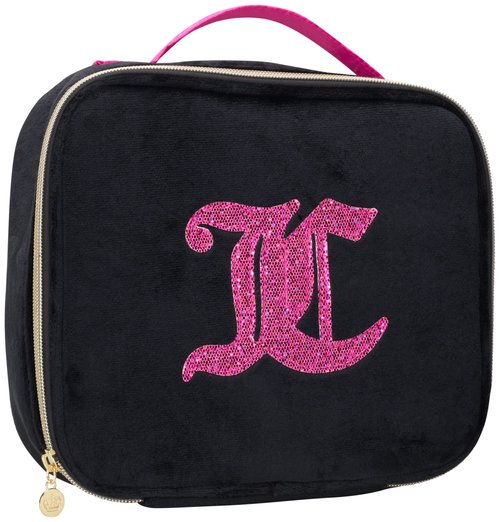 Juicy Couture Black Hot Pink Makeup Bag Cosmetics Organizer Travel Essentials Compartmentalized Glitter