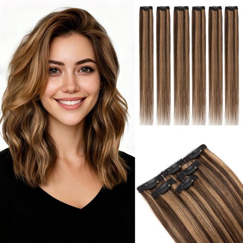 Rich Choices Real Human Hair Clip In Extensions-6 Pcs Single Clip Design-Invisible Clip in Extensions for Thin Short Hair-Hairpieces for Women-12 Inches #2RP6 Chocolate Brown Highlight Light Brown
