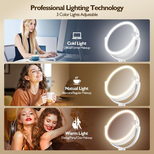 MOMOKUBA Makeup Mirror with Lights, 30X Magnifying & Height Adjustable, Lighted Magnifying Mirror with 3 Light Modes and Stepless Dimming, Vanity Mirrors for Bathroom, Birthday Gift for Women, White