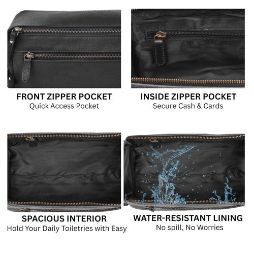 Genuine Leather Travel Toiletry Bag for Men & Women – Unisex Water-Resistant Travel Dopp Kit, Shaving Organizer & Compact Bathroom Essentials - Midnight Black