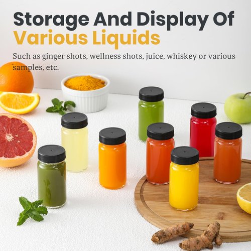 30 Pack 2 oz Glass Shot Bottles w/ Black Lids & 30 Labels - Small Clear Jar for Ginger, Wellness Shot, Juice, Sample, Whiskey - Travel Essentials Mini Bottles - Wide Mouth, Leakproof, Dishwasher Safe