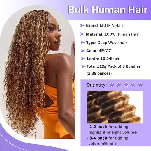 Human Braiding Hair for Boho Braids Human Hair 3 Bundles/Pack 110g 14 Inch Deep Wave Bulk Human Hair for Braiding Curly Knotless 12A Brazilian Virgin Ombre Balayage