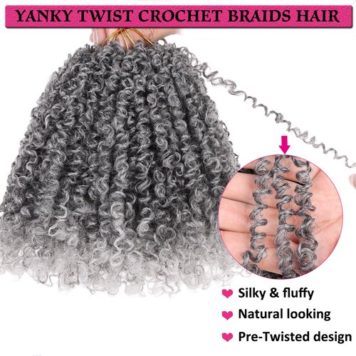 Unionbeauty 12 Inch Pre-Looped Yanky Twist Crochet Hair 8Packs Pre-Twisted Short Water Wave Passion Twist Crochet Braids Ombre Grey Micro Spring Twist Marlybob Synthetic Crochet Hair Extensions TGrey#