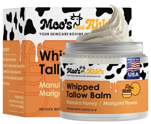 Moo's and Ahh's Whipped Tallow Balm - Beef Tallow for Skin with Organic Centella and Olive Squalane | Grass-Fed Beef Tallow Face & Body Moisturizer for Dry Skin (2 Oz, Manuka Honey + Marigold Flower)