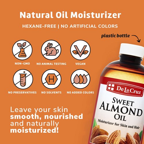 De La Cruz Sweet Almond Oil - Expeller Pressed Almond Oil for Skin and Hair 8 FL. OZ. (236 mL) (Pack of 2)