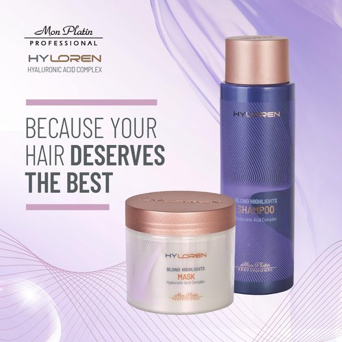Mon Platin Professional HYLOREN Blond Hair Shampoo with Hyaluronic Acid for Blond & Highlighted Hair, Shampoo for Blond Hair, SLS/SLES Free, Moisturizing Shampoo, Purple Shampoo, 500ml