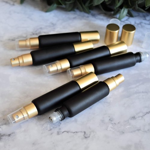 6-Pack Black Glass Bottles with Dual Ends – Sprayer & Roller Tops – Leakproof, Premium Essential Oil & Perfume Bottles with Elegant Gold Accents – Refillable Custom Blend Containers