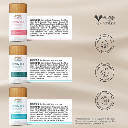RAW SUGAR Aluminum Free Deodorant Stick, Simply Deo Variety Bundle (Pack of 3) Whole Body Deodorant for Women & Men, Clean Formulated without Baking Soda, Talc & Parabens, Variety Pack