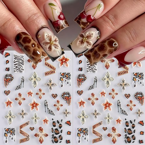 2 Sheets Fall Winter Brown Leopard Flower Nail Art Sticker 5D Self-Adhesive Hibiscus Flower Nail Decals Leopard Print Pattern Nail Design Leopard French Heart Nail Supplies for Women Manicure Decor