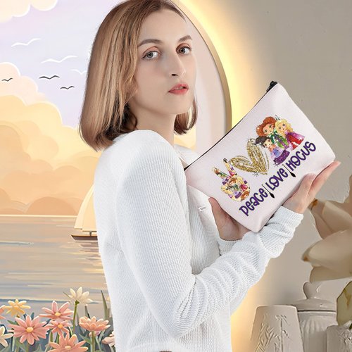LEVLO Witch Sisters Cosmetic Make Up Bag Movie Witch Gift Peace Love Witch Makeup Zipper Pouch Bag For Friend Family(Peace Hocus)