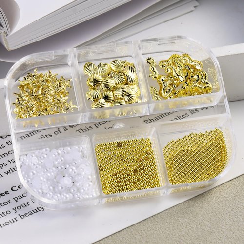 FSpronail Summer Nail Charms Nail Pearls Beach Seashell Starfish Gold Nail Charms Sea Shell Nail Gems 3D Caviar Beads Star Fish Nail Art Ocean Theme Designs Manicure Decoration Supplies