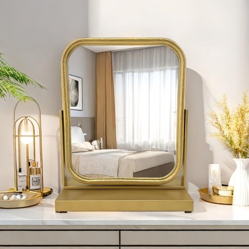 Deng YH Tabletop Vanity Mirror Adjustable Rotation Golden Metal Framed Gold Vanity Mirror, Room for Living Room,Bedroom,Tabletop,Bathroom.