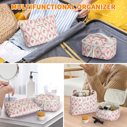 HAOGUAGUA 2 Pieces Makeup Bag, Small Large Quilted Cosmetic Bag, Travel Floral Make Up Toiletry Organizer Bag for Women Girls (2PCS STYLE B-1)