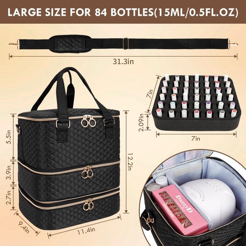 MZTXY Nail Polish Organizer Bag, 3 Layers Nail Kit Organizers and Storage Case Holds 84 Bottles(15ml/0.5fl.oz)& Nail Lamp, Large Shoulder Bag Travel Carrying Case Box for Nail Supplies