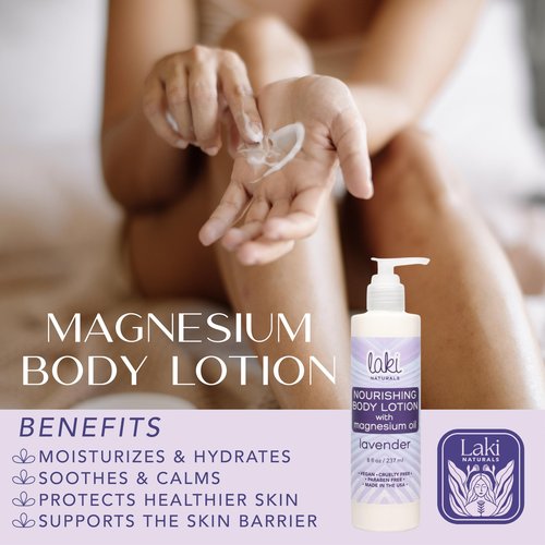 Laki Naturals Lavender Magnesium Body Lotion (8oz, Pack of 1) - Hydrating Body Lotion for Dry Skin with Lavender Essential Oil, Magnesium Chloride & Avocado Oil - Relaxation & Stress Relief Skincare