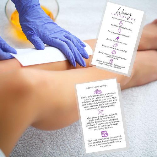 Boutique Marketing LLC Waxing Aftercare Cards | 50 Pack | Size 2 x 3.5” inches Business Card Size | Hair Removal Aftercare Kit | White with Purple Design
