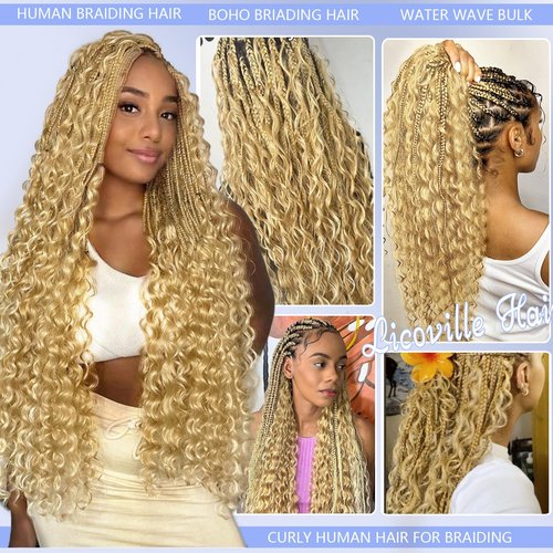 Blonde Human Braiding Hair 18 Inch Deep Water Wave Boho Human Hair for Braiding Color #24 Light Blonde Bundles 100% Burmese Human Hair for Boho Braids Two Bundles 100G Weft and Wavy Curly Bulk Hair