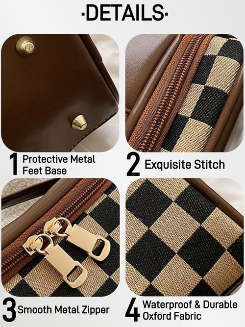 Zigihos Large Capacity Checkboard Plaid Cosmetic Bag for Women Travel Makeup Organizer Waterproof Toiletry Bag (Brown)